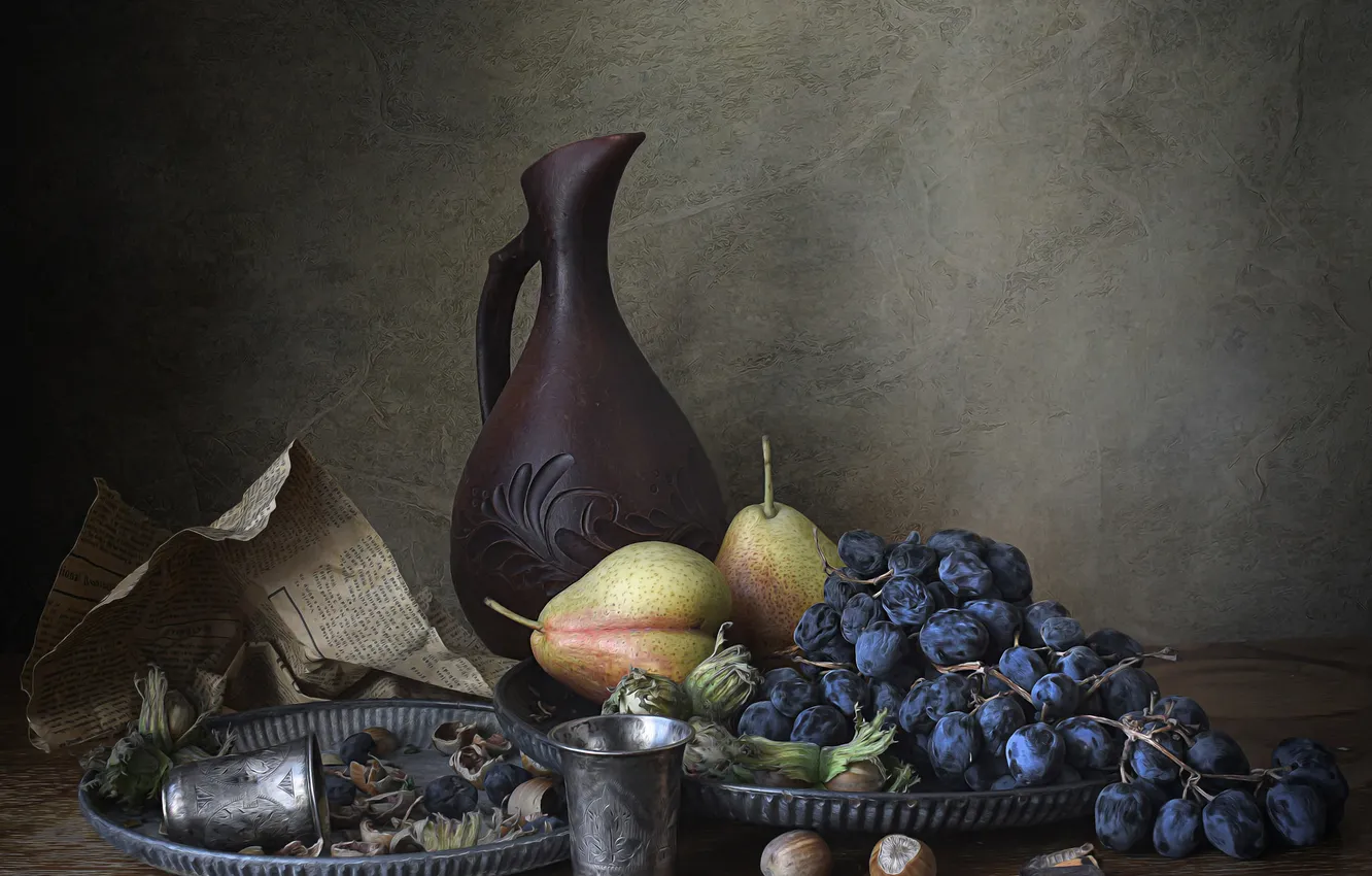 Photo wallpaper blue, metal, green, paper, table, wall, glass, grapes