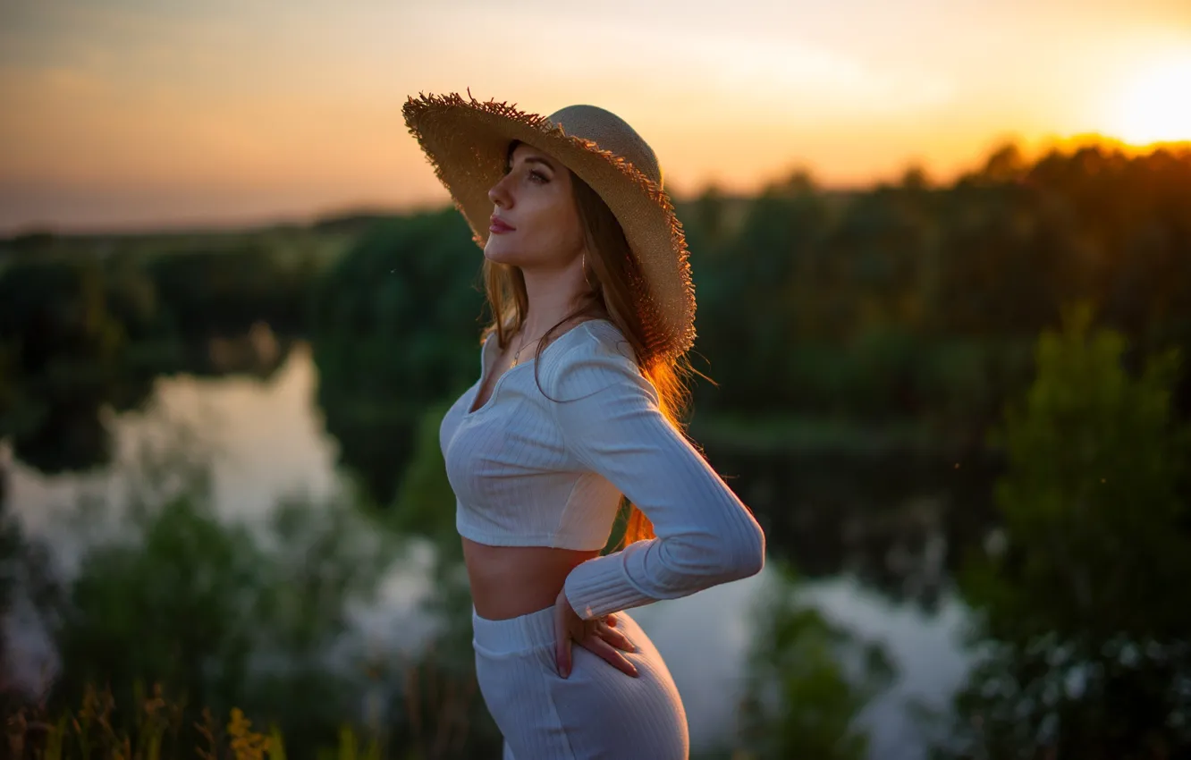 Photo wallpaper sky, trees, nature, sunset, lake, model, women, brunette