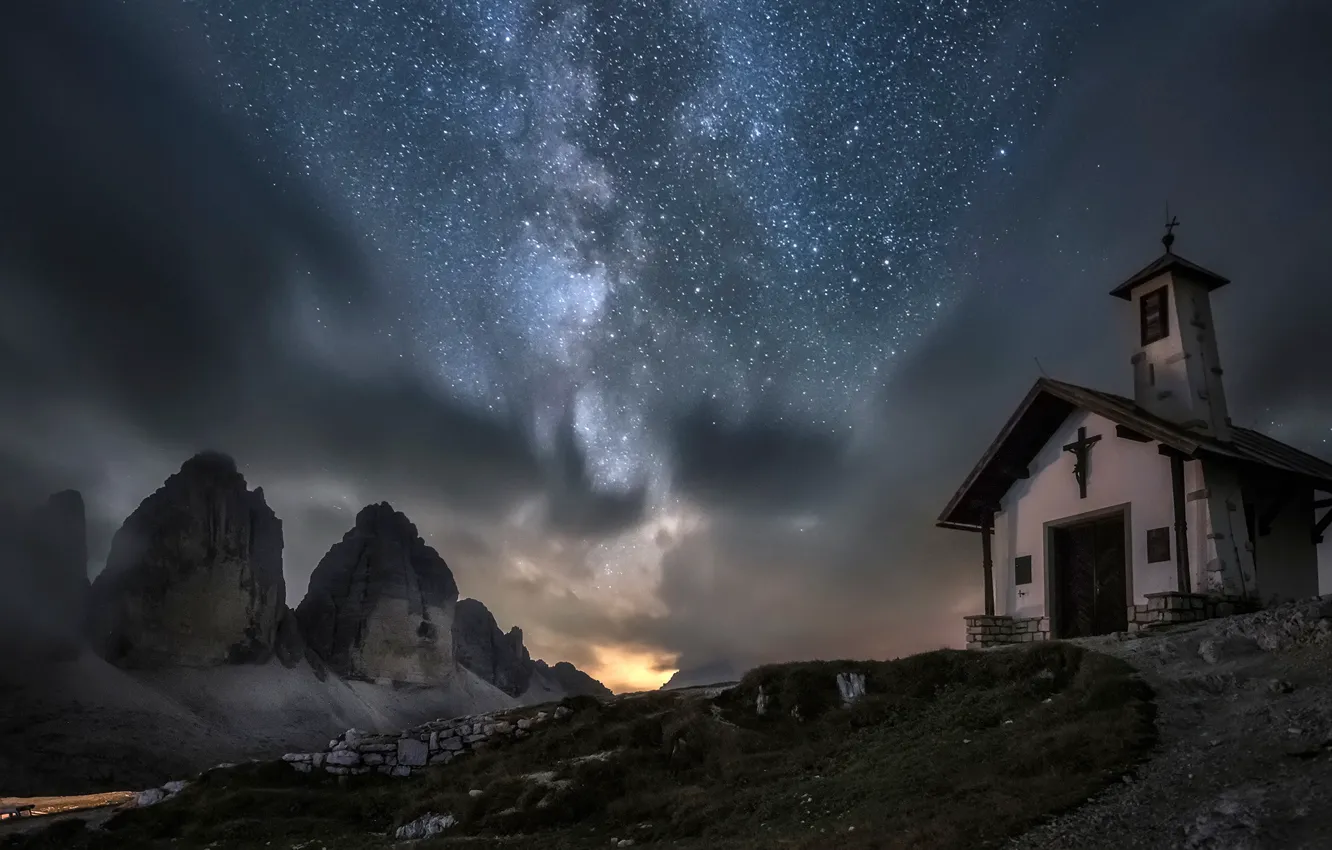 Photo wallpaper night, stars, Italy, Dolomites, The three Peaks of Lavaredo