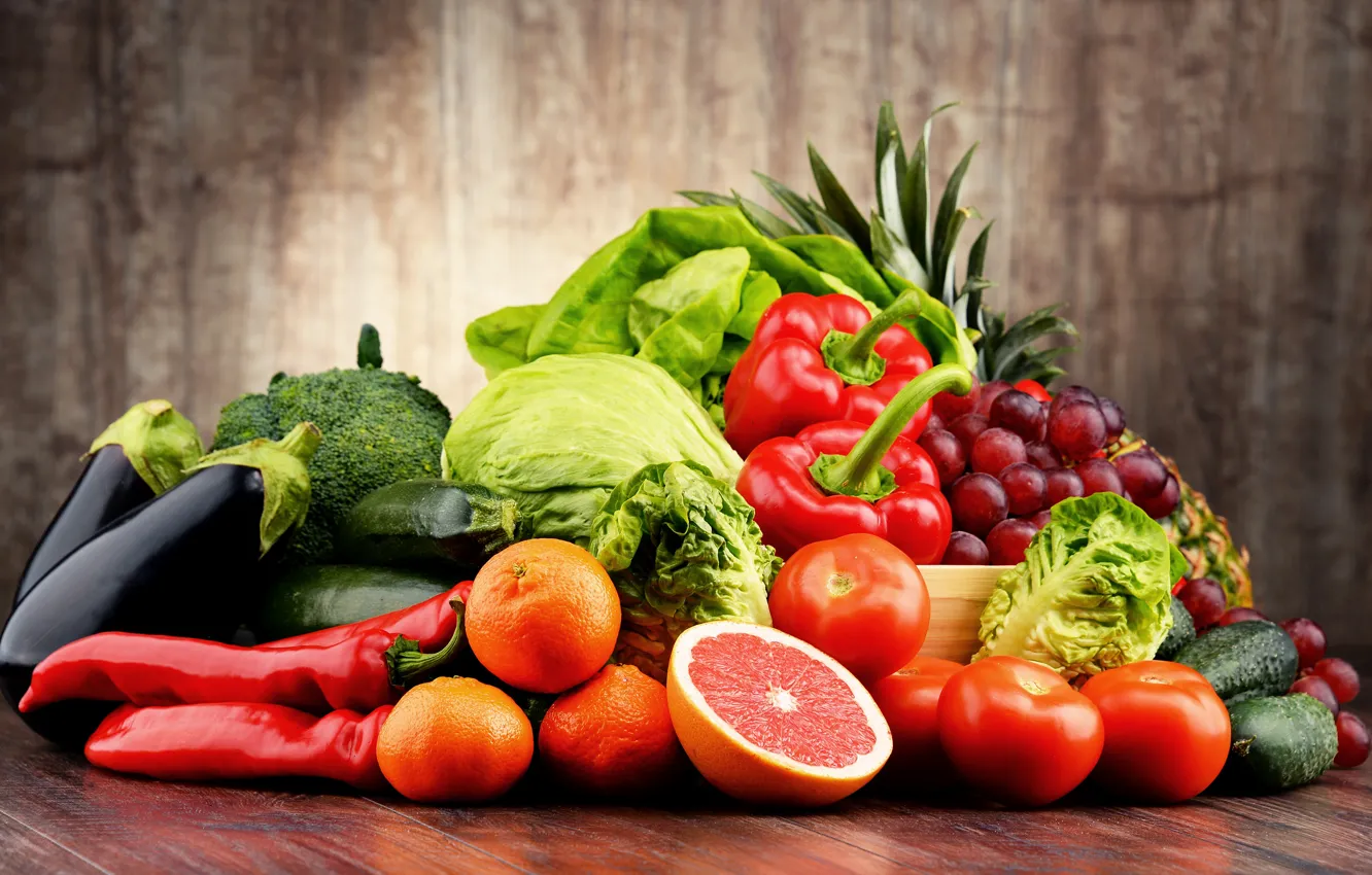 Photo wallpaper grapes, pepper, fruit, vegetables, tomatoes, tangerines