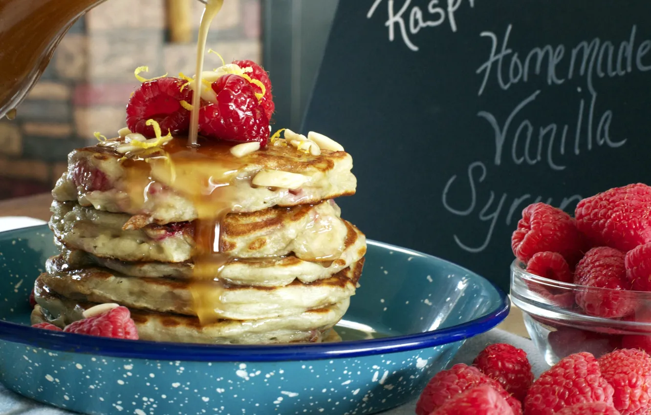 Photo wallpaper berries, raspberry, pancakes, Breakfast, honey