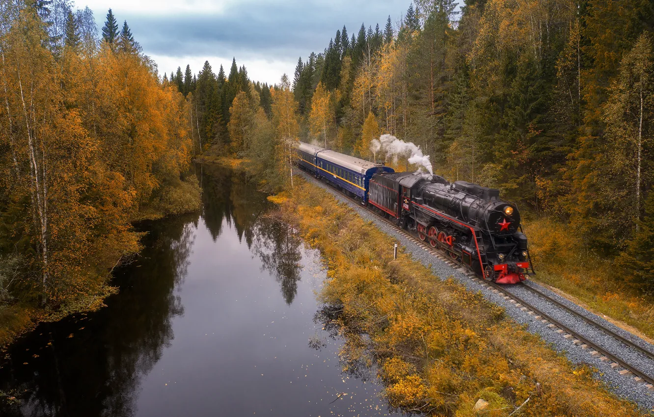 Photo wallpaper autumn, forest, landscape, nature, Park, rails, train, railroad