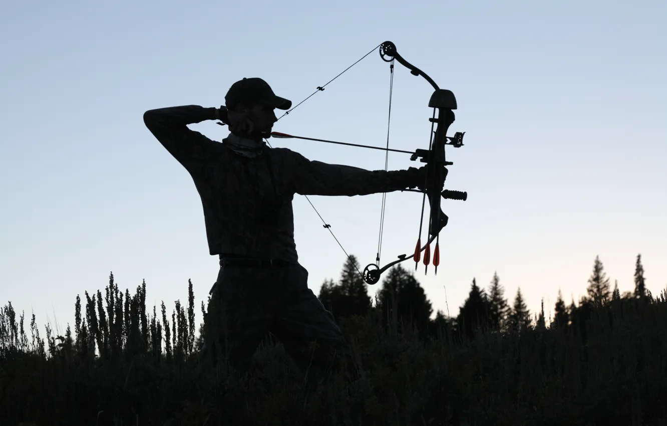 Photo wallpaper sunset, man, shadows, archery, compound bow