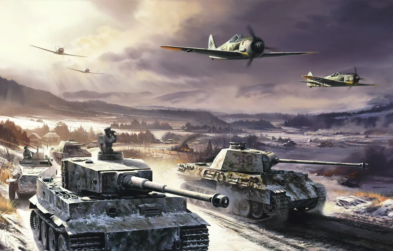 Photo wallpaper winter, Tiger, Germany, aircraft, Panther, Army, history, tanks