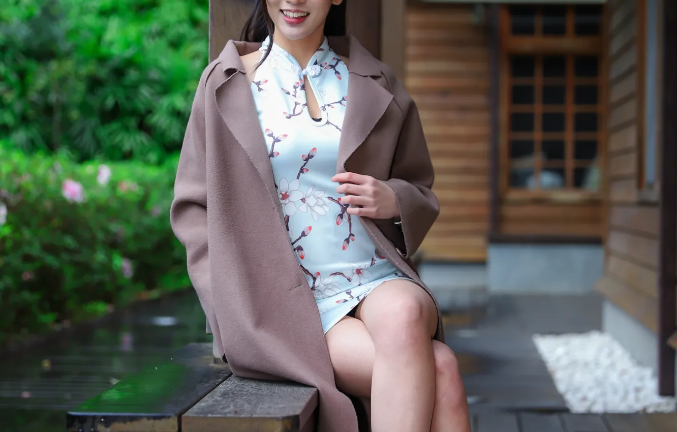 Photo wallpaper pose, smile, dress, heels, legs, Asian, sitting