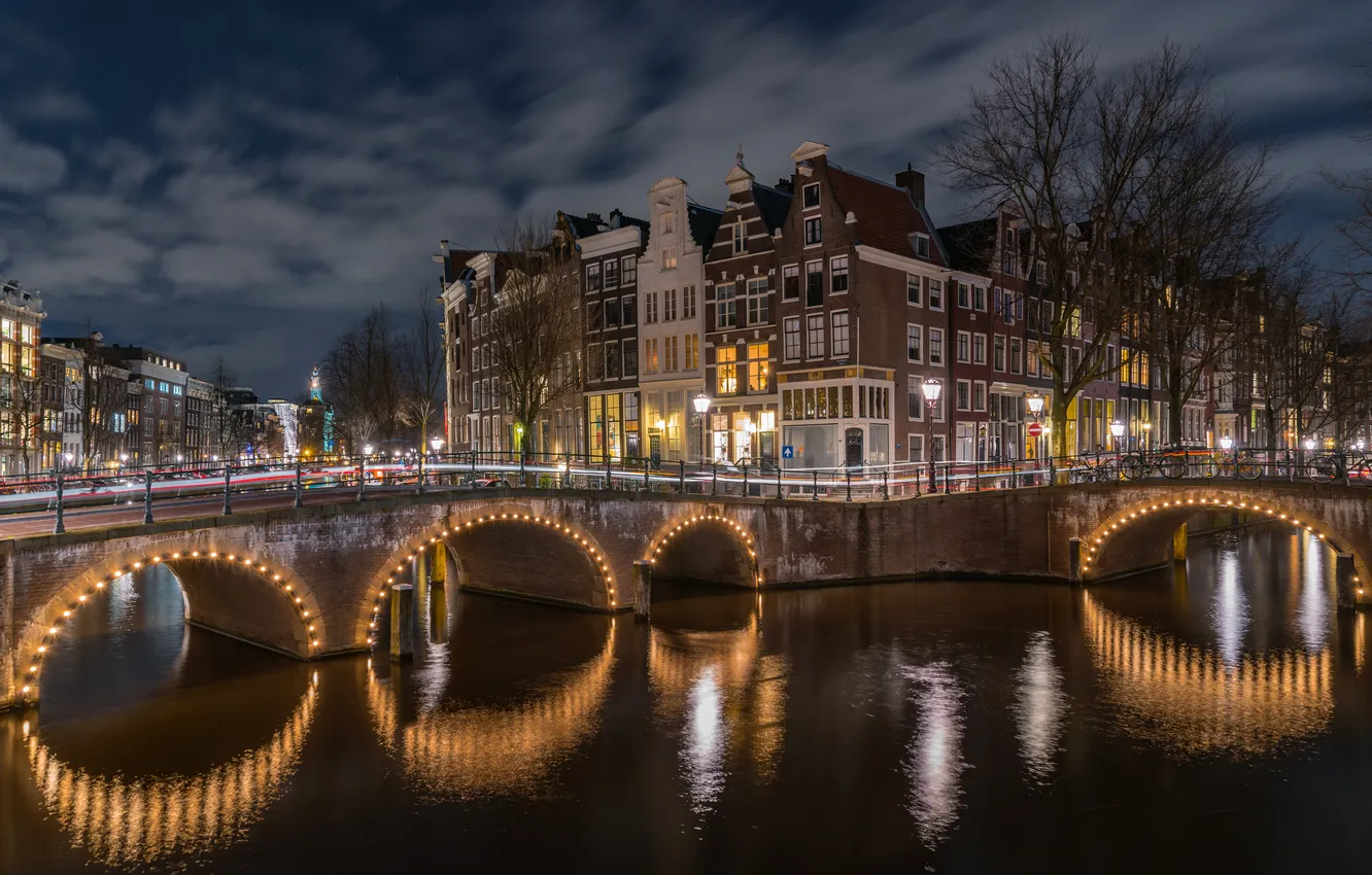 Photo wallpaper night, bridge, lights, river, home, Amsterdam, promenade, water