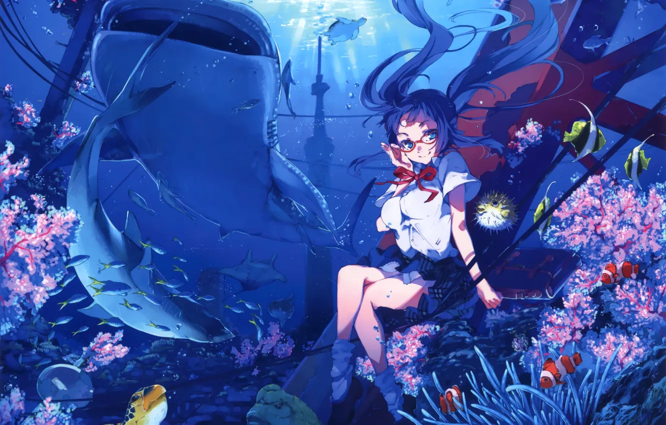 Photo wallpaper girl, light, bubbles, wire, turtle, fish, shark, anime