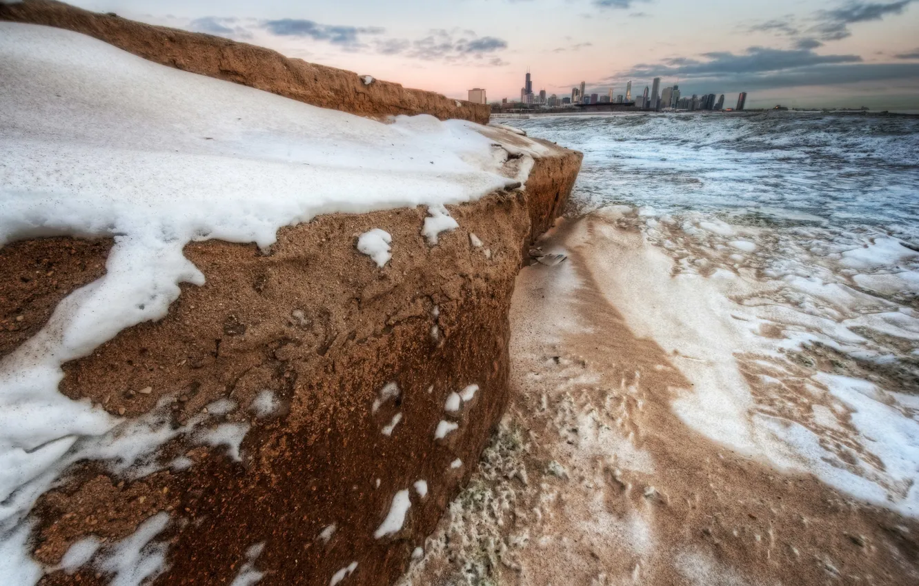 Photo wallpaper winter, shore, building, skyscrapers, America, Chicago, Chicago, USA
