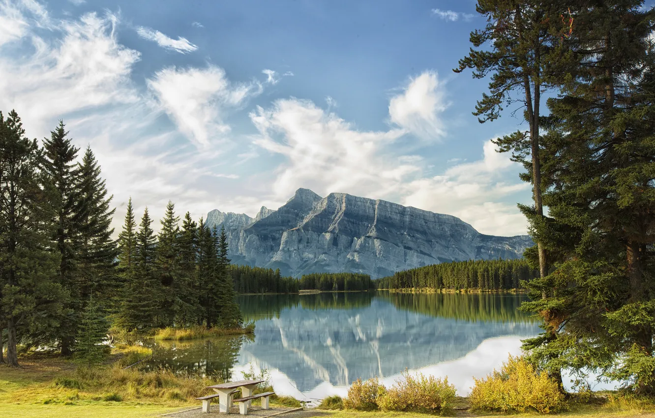 Photo wallpaper the sky, trees, mountains, lake, table, bench