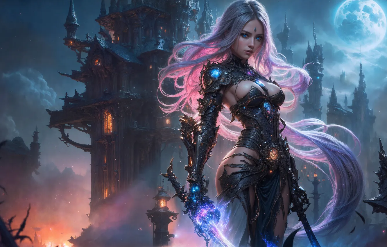 Photo wallpaper night, castle, the moon, girl art