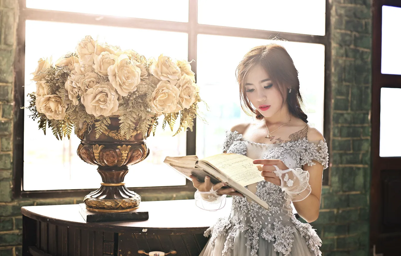 Photo wallpaper girl, flowers, book