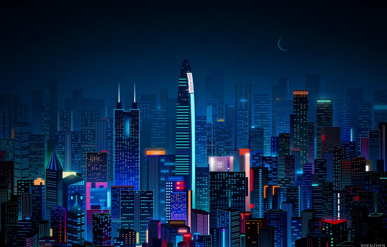 Photo wallpaper China, Minimalism, Night, The city, Neon, Style, Skyscrapers, Building