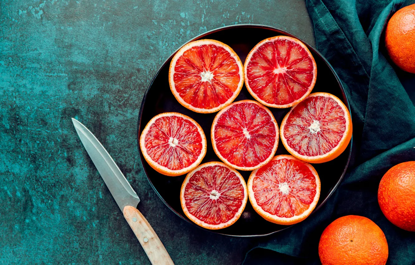 Photo wallpaper table, knife, fabric, bowl, fruit, green background, grapefruit, tangerines