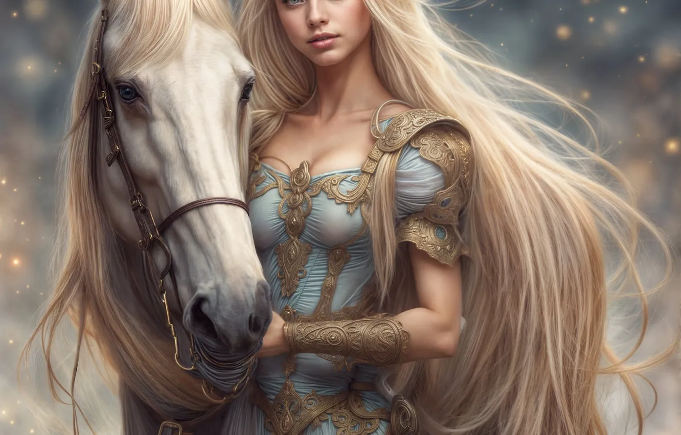 Photo wallpaper white, look, girl, horse, horse, fantasy, blonde, Princess