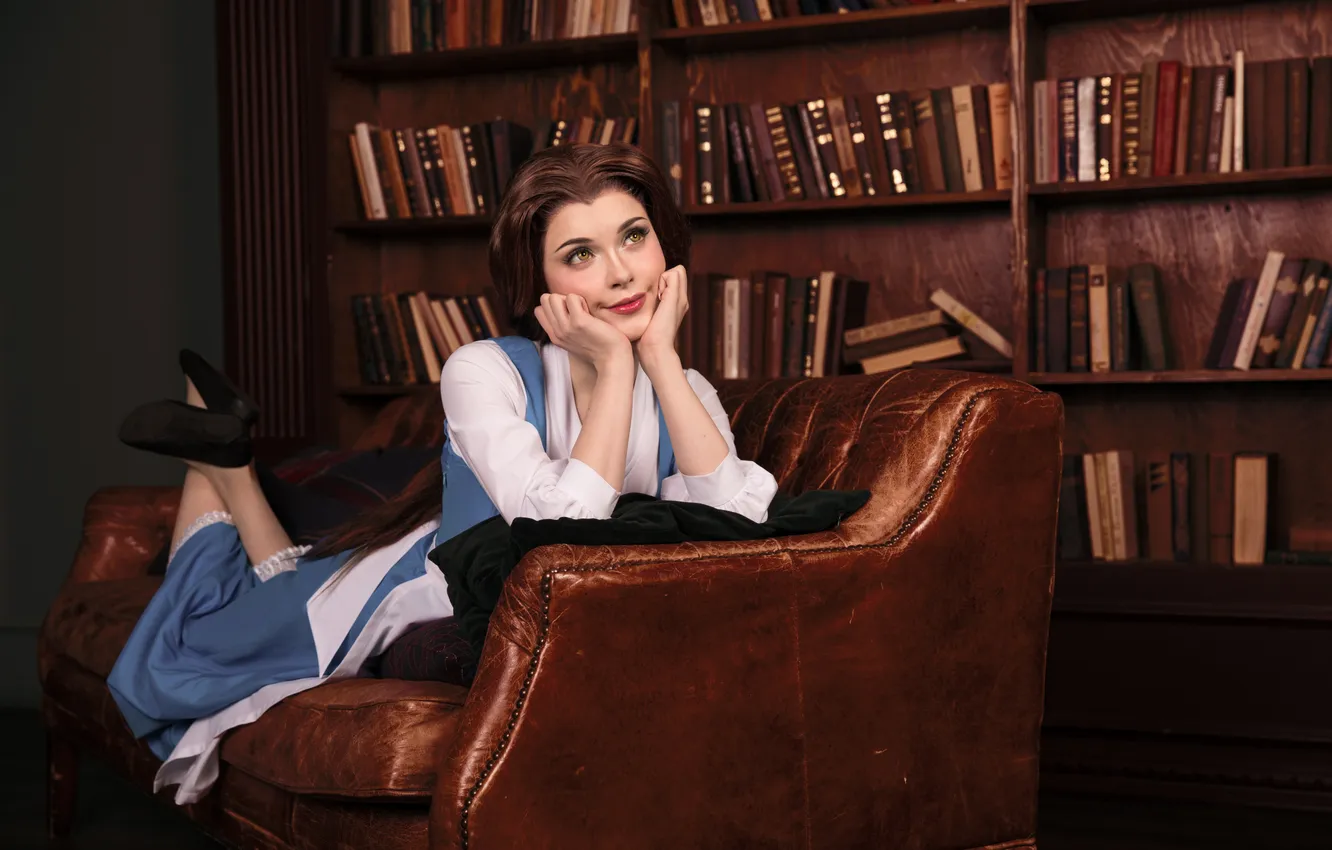 Photo wallpaper model, women, cosplay, Beauty and the Beast, library, Ilona Bugaeva, women indoors, Belle (Disney)