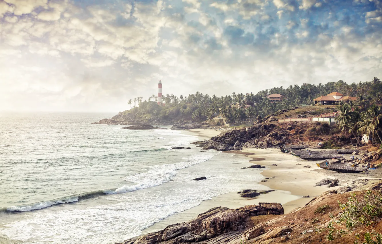 Photo wallpaper sand, sea, trees, shore, lighthouse, morning, India, surf