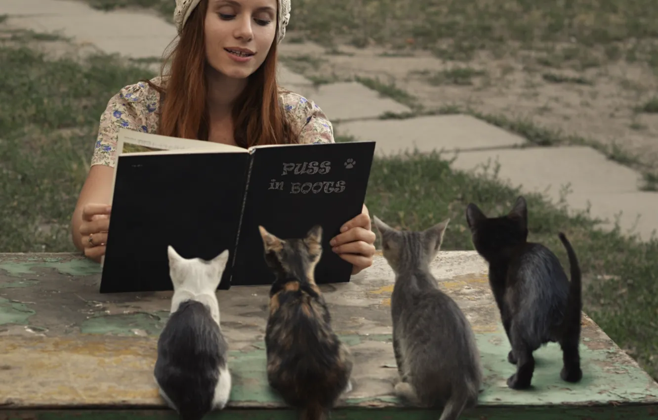 Photo wallpaper girl, kittens, book, Puss in boots, David Dubnitskiy