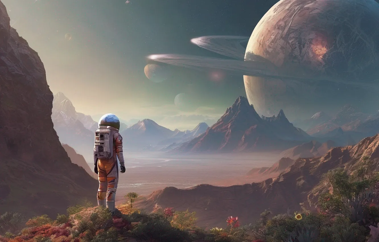 Photo wallpaper landscape, mountains, planet, beauty, astronaut, space, Other Worlds, digital art
