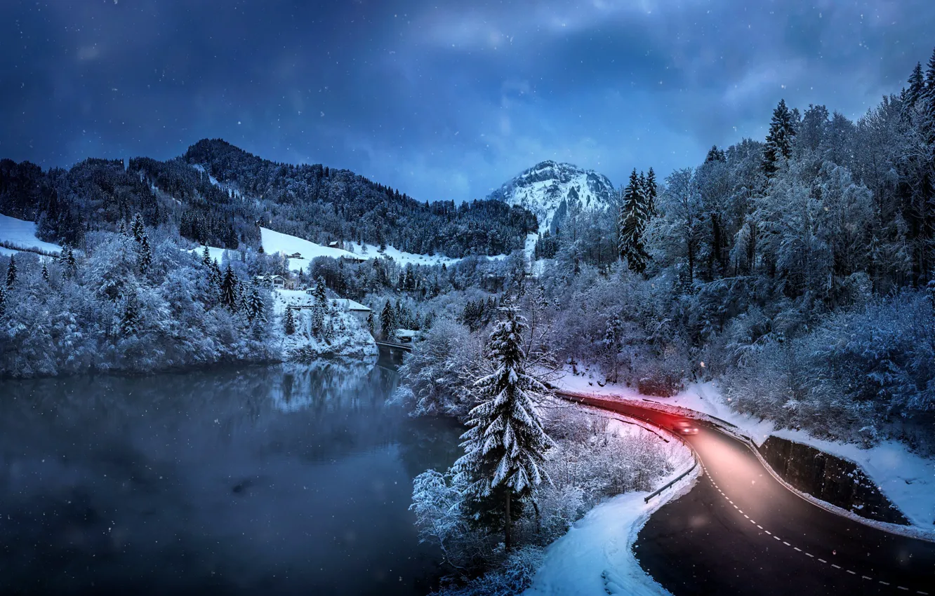Photo wallpaper winter, road, the sky, snow, landscape, mountains, night, nature