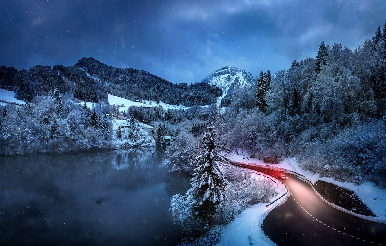 Photo wallpaper winter, road, forest, the sky, stars, snow, landscape, mountains