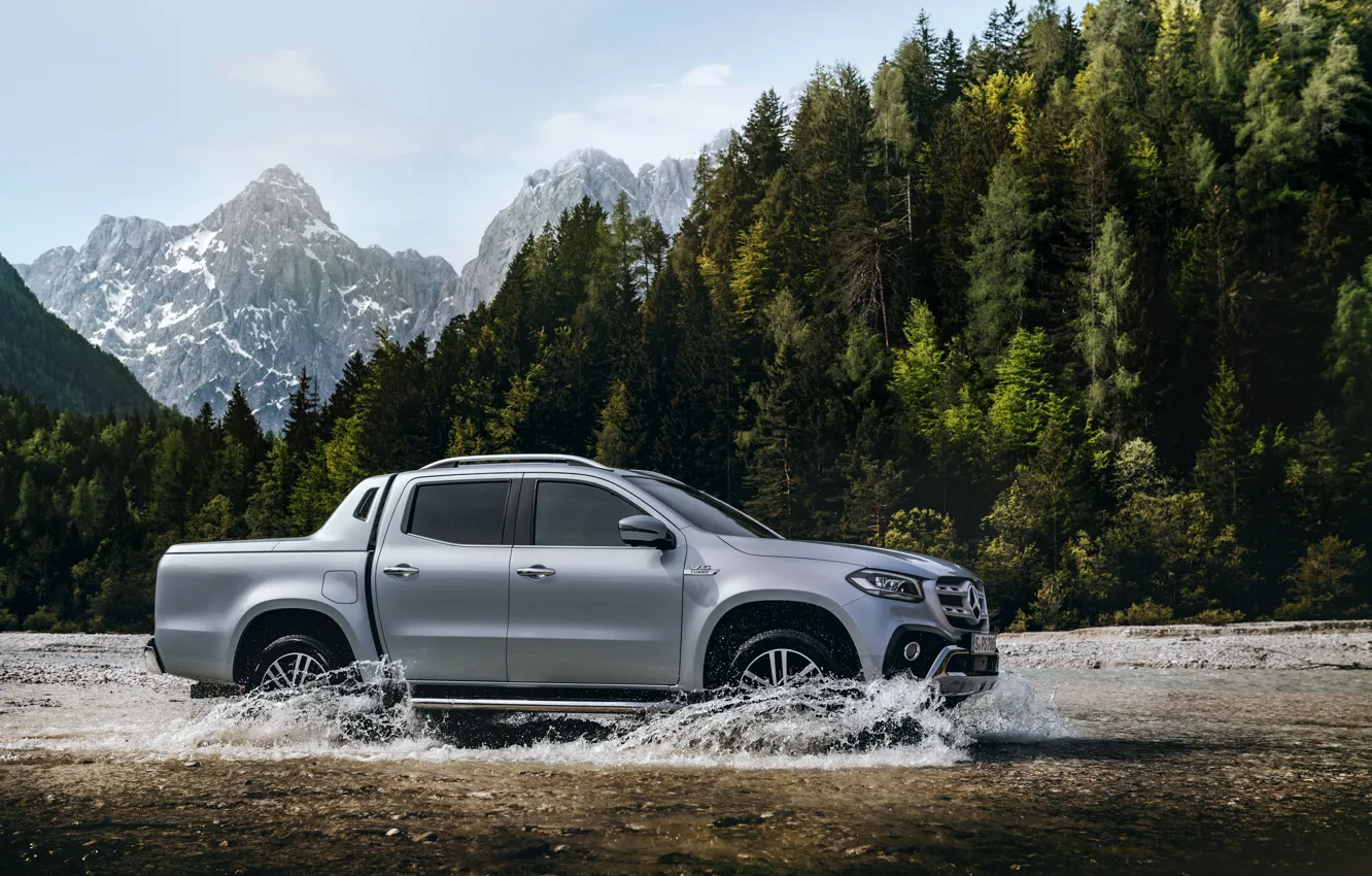 Photo wallpaper forest, mountains, river, Mercedes-Benz, pickup, 2018, X-Class, gray-silver