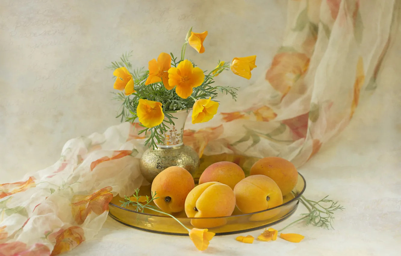 Photo wallpaper flowers, orange, bouquet, fabric, vase, still life, apricots, Escholzia