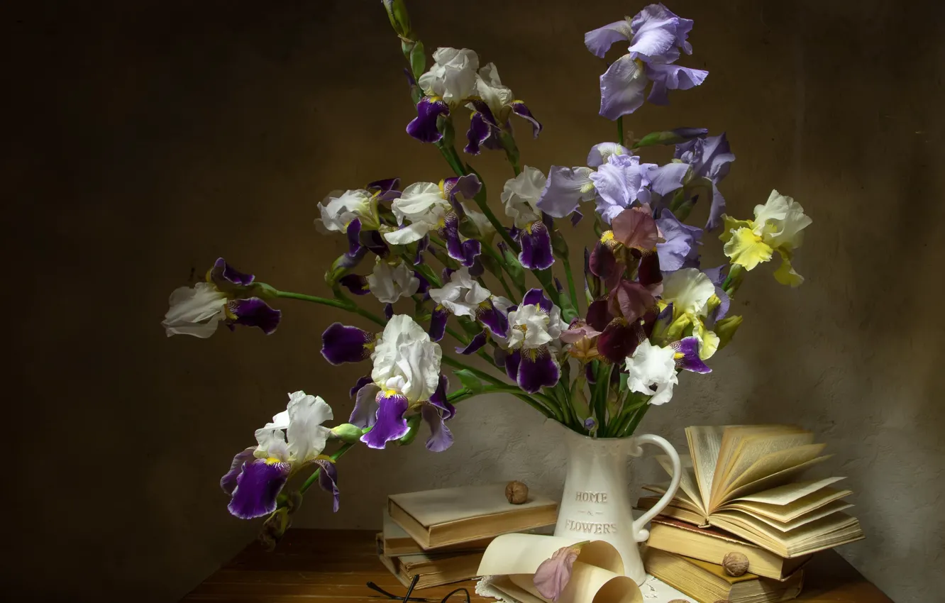 Photo wallpaper flowers, paper, table, books, bouquet, spring, yellow, glasses