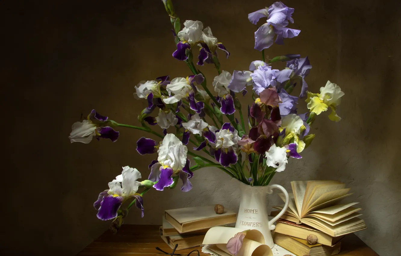 Photo wallpaper flowers, yellow, paper, table, bouquet, spring, glasses, book
