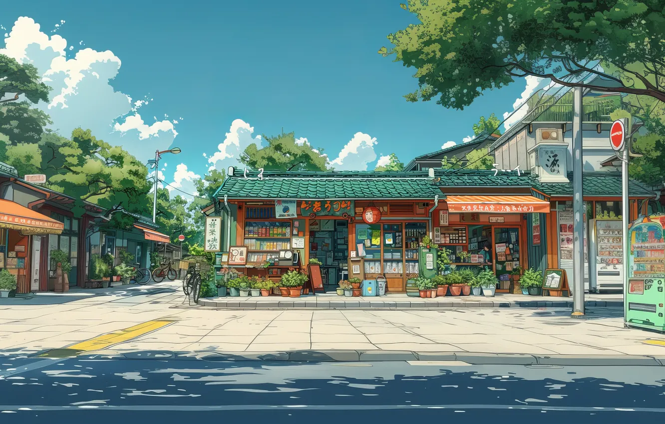 Photo wallpaper the sky, trees, the city, figure, anime