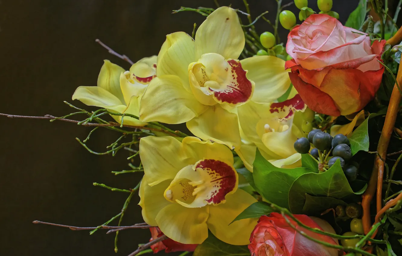 Photo wallpaper roses, bouquet, orchids