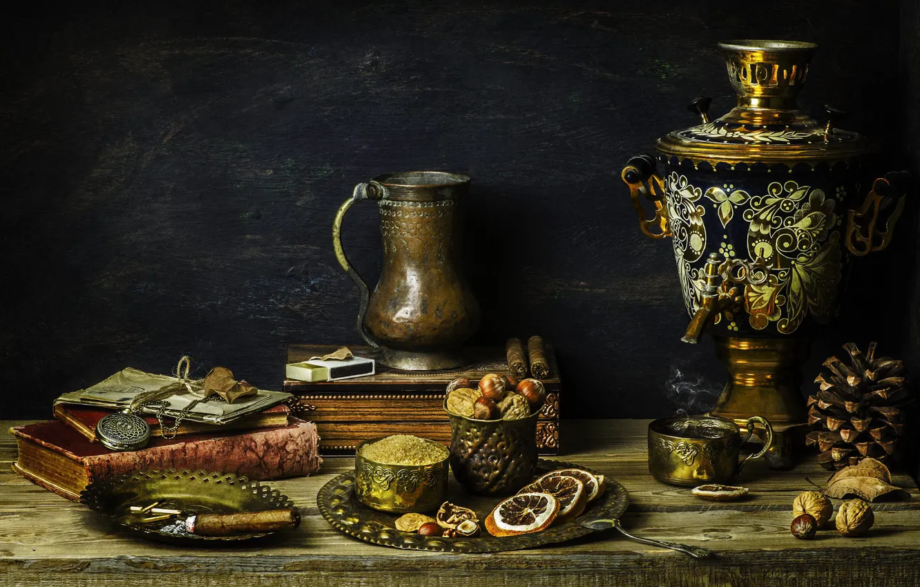 Photo wallpaper retro, table, tea, Board, watch, hot, plate, pair