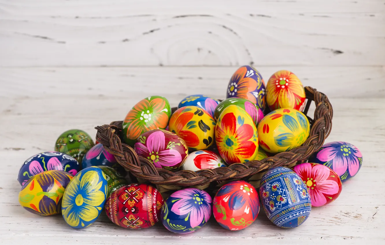 Photo wallpaper basket, spring, colorful, Easter, wood, spring, Easter, eggs