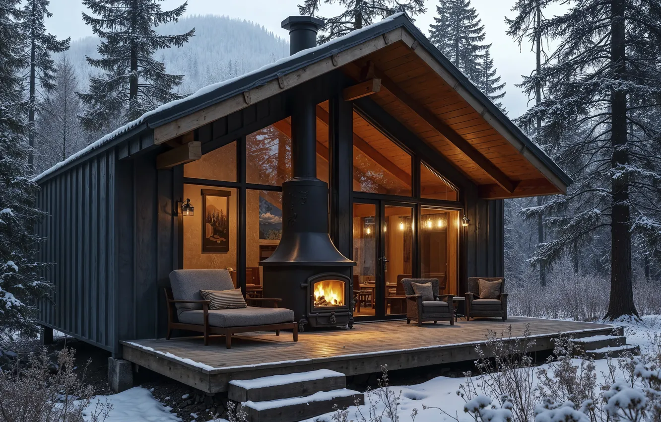 Photo wallpaper winter, forest, snow, mountains, tree, home, forest, cottage