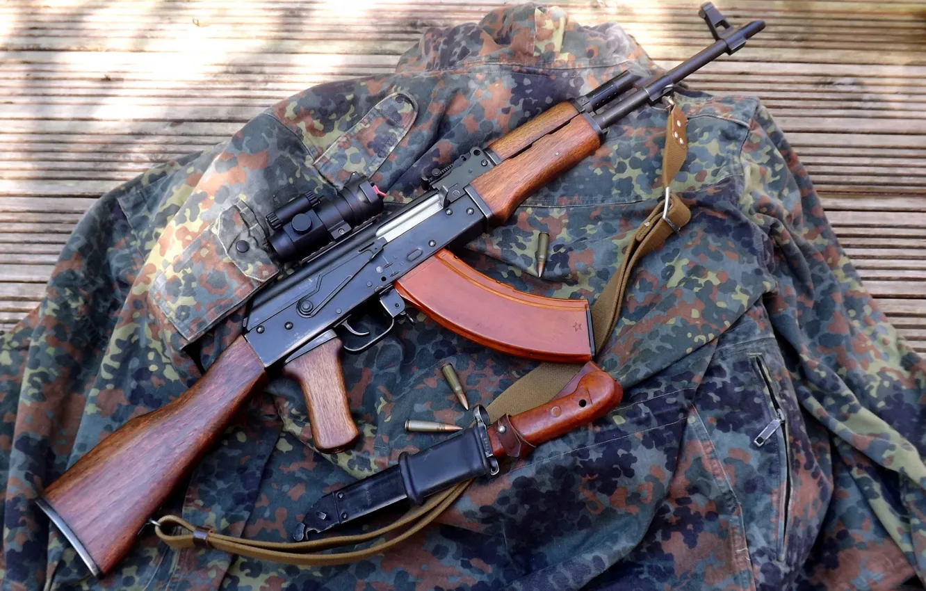 Photo wallpaper jacket, machine, camouflage, Kalashnikov, sight, bayonet, upgraded, AKM