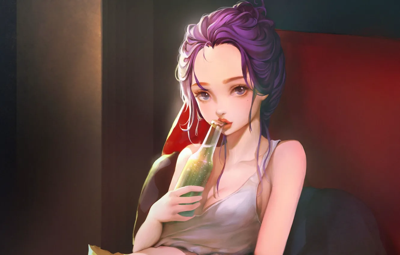 Photo wallpaper girl, mood, bottle, art, lemonade