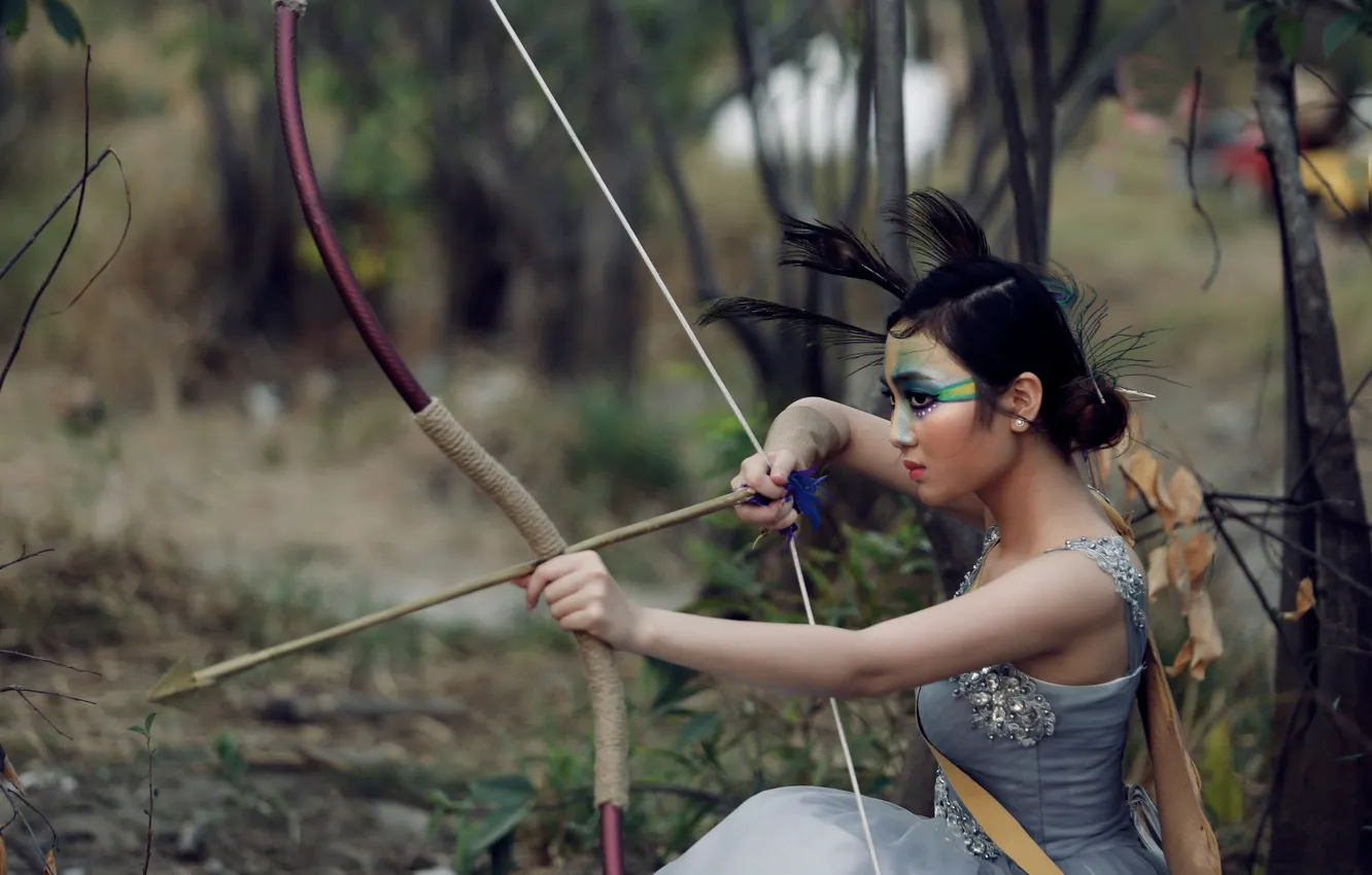 Photo wallpaper forest, face, makeup, bow, arrow, Asian
