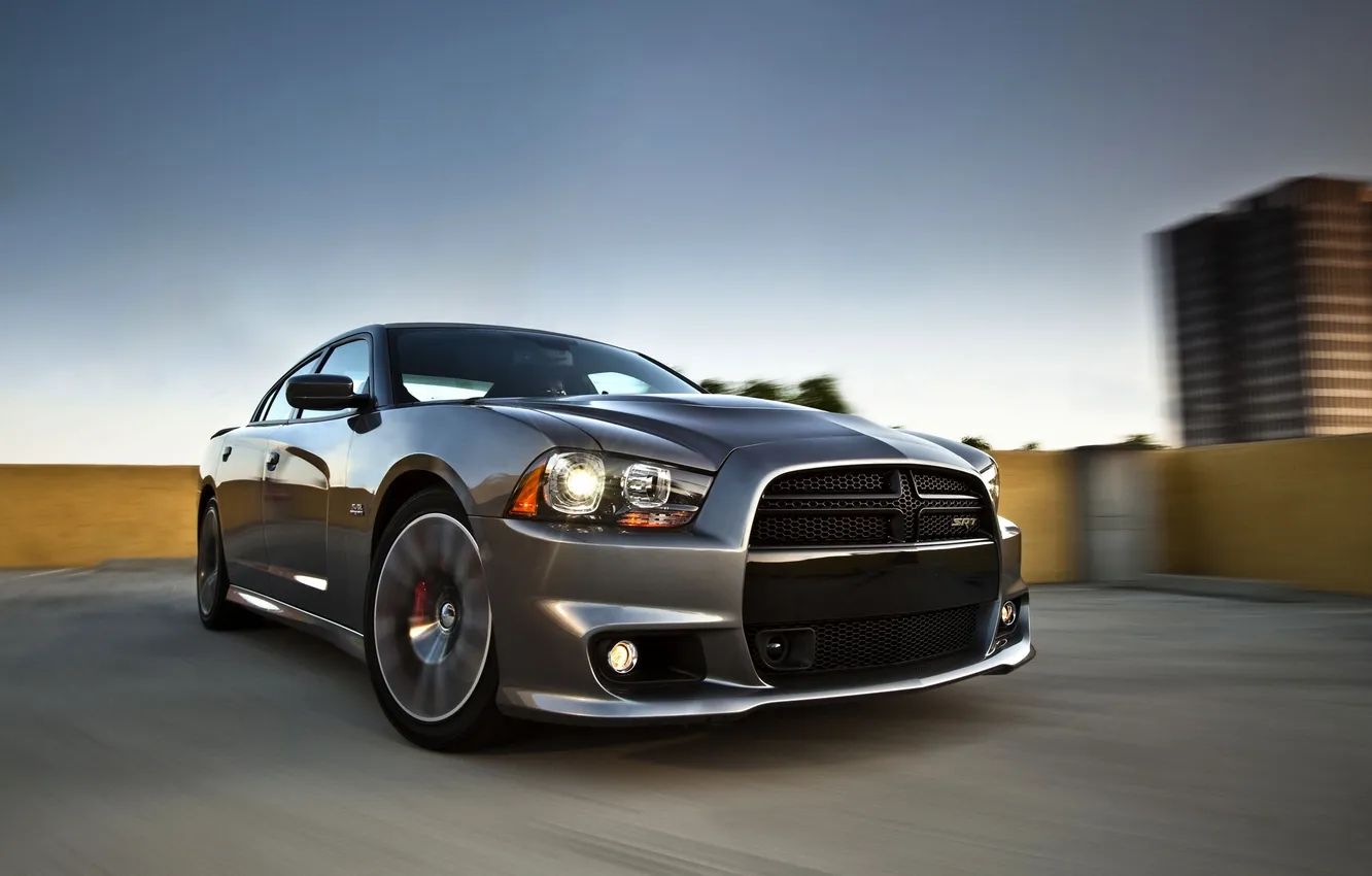 Photo wallpaper Auto, Machine, Grey, Sedan, Dodge, Lights, charger, The front
