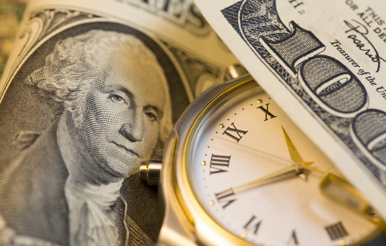 Photo wallpaper green, dollar, clock, Franklin