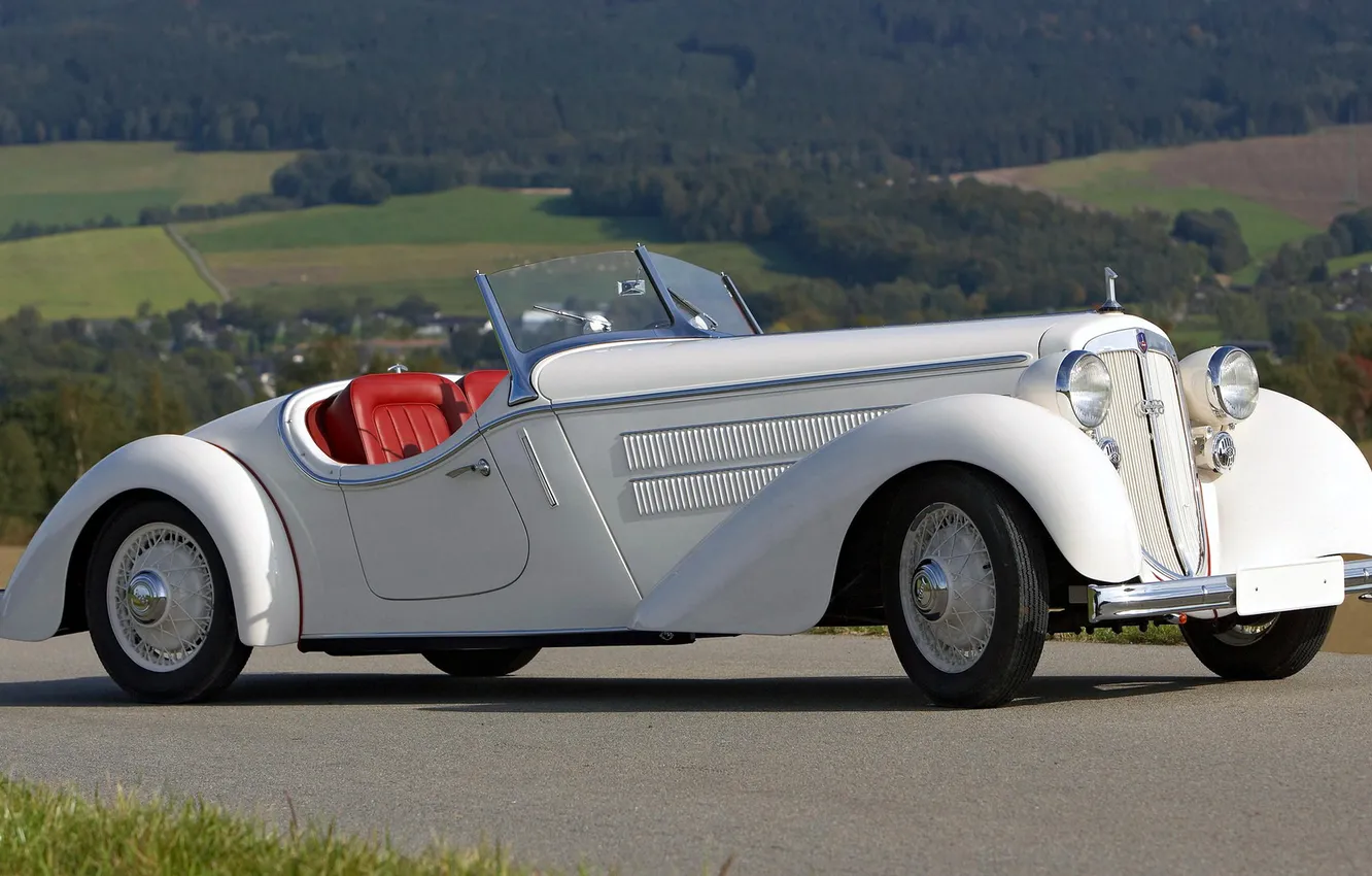 Photo wallpaper road, forest, mountains, retro, lights, grille, convertible