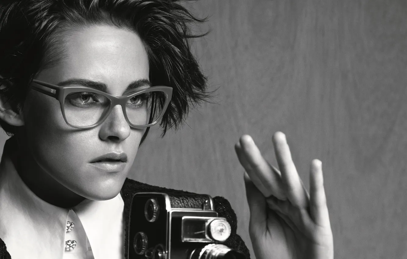 Photo wallpaper girl, camera, actress, black and white, Kristen Stewart