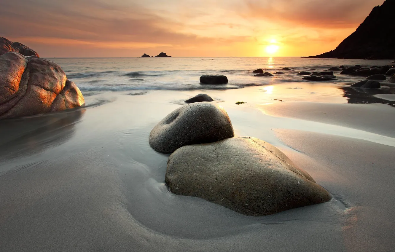 Photo wallpaper sea, sunset, stones, rocks, shore, tide, Seascape