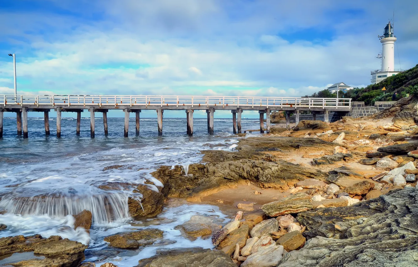 Photo wallpaper sea, the sky, clouds, stones, lighthouse, surf, Cape