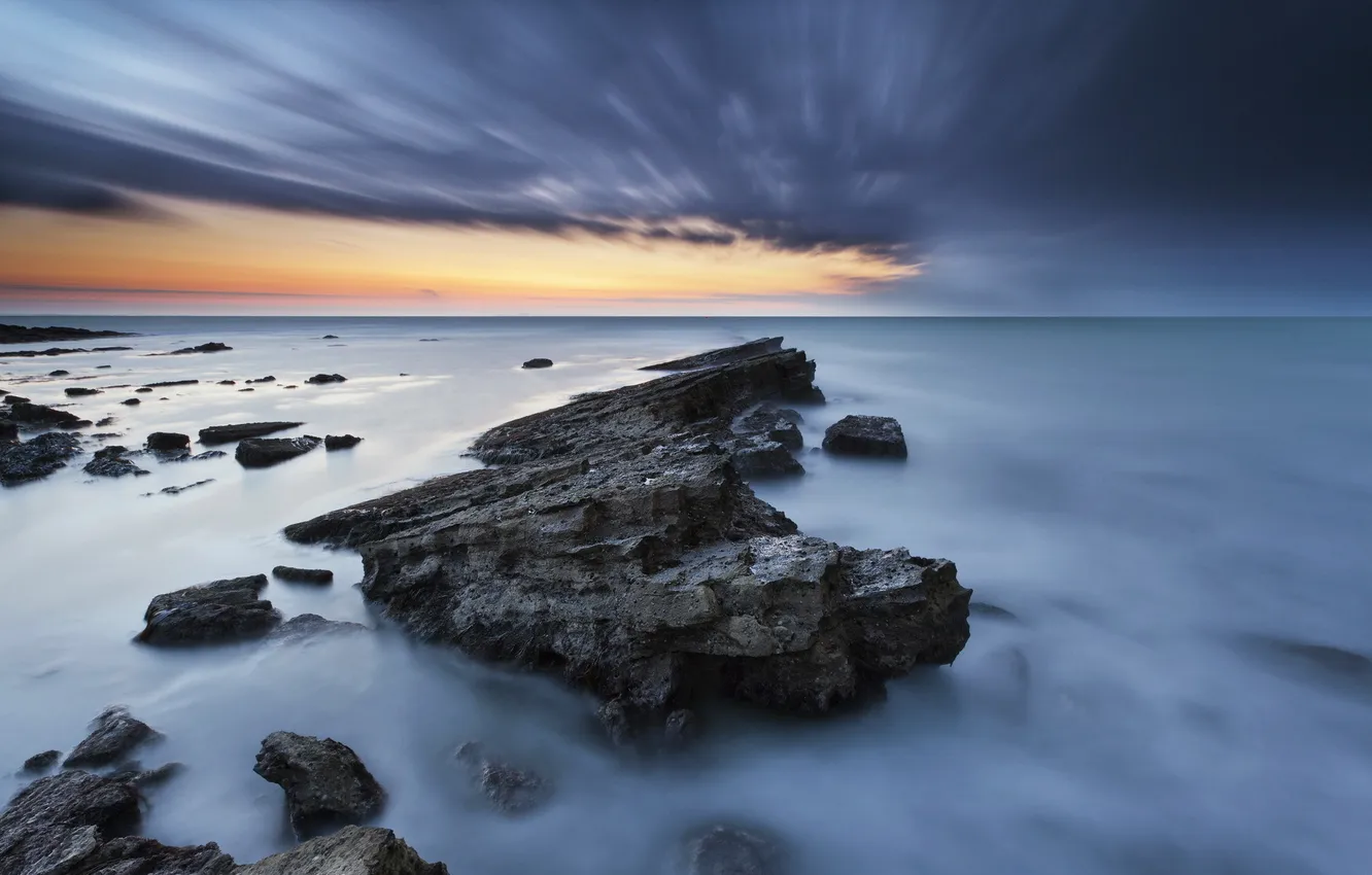 Photo wallpaper sea, sunset, rocks