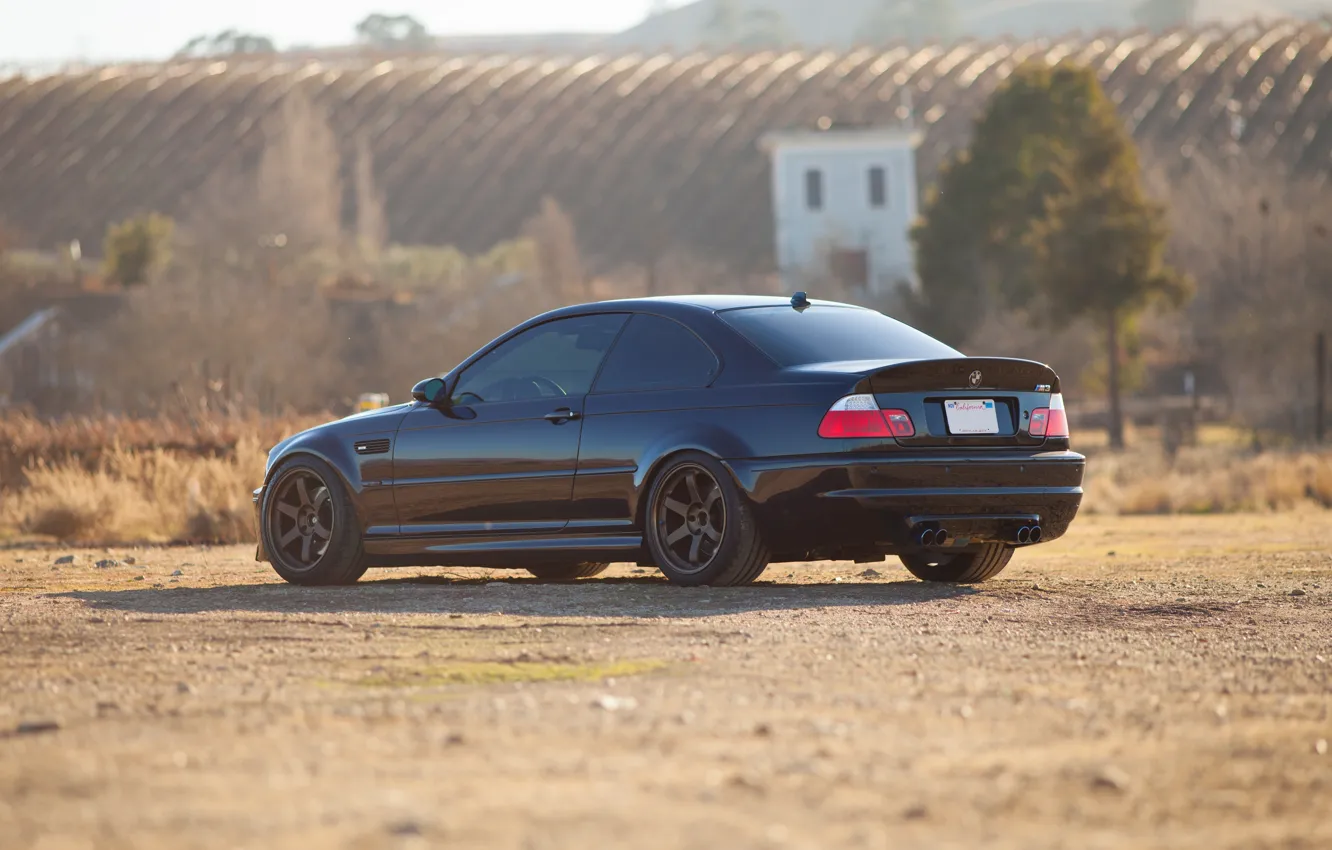 Photo wallpaper black, bmw, BMW, shadow, hangar, black, rear view, e46