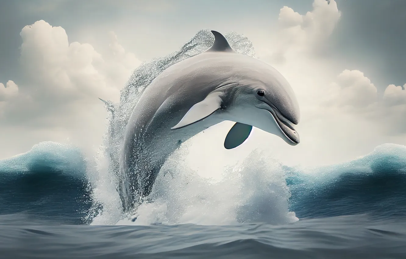 Photo wallpaper wave, jump, dolphins, digital art, AI art, The Art of Artificial Intelligence, neural network
