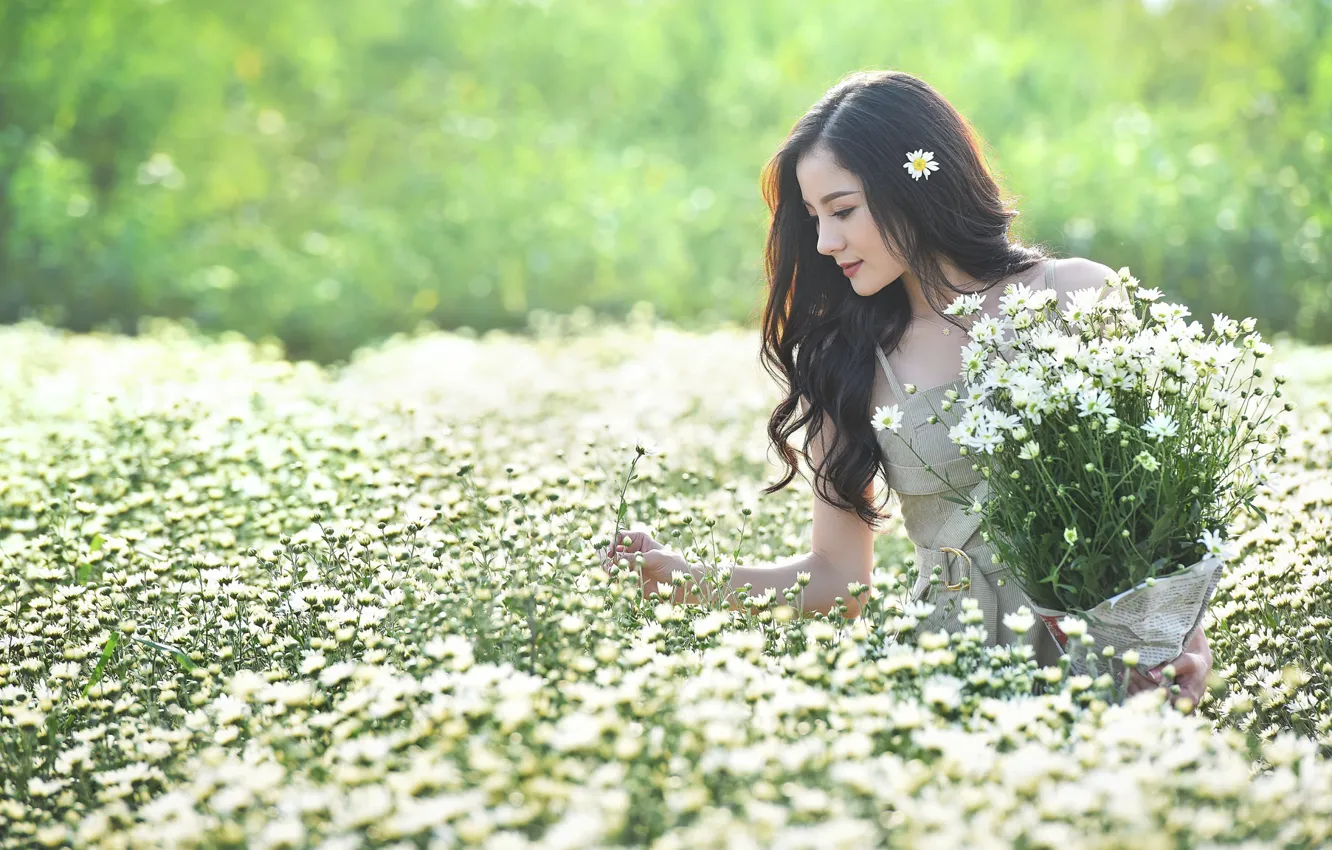 Photo wallpaper field, summer, girl, flowers, Asian