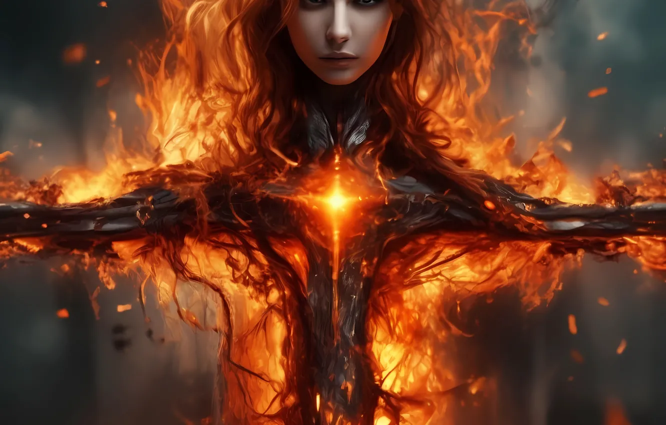 Photo wallpaper girl, lights, flame, head, cruciform, AI ART