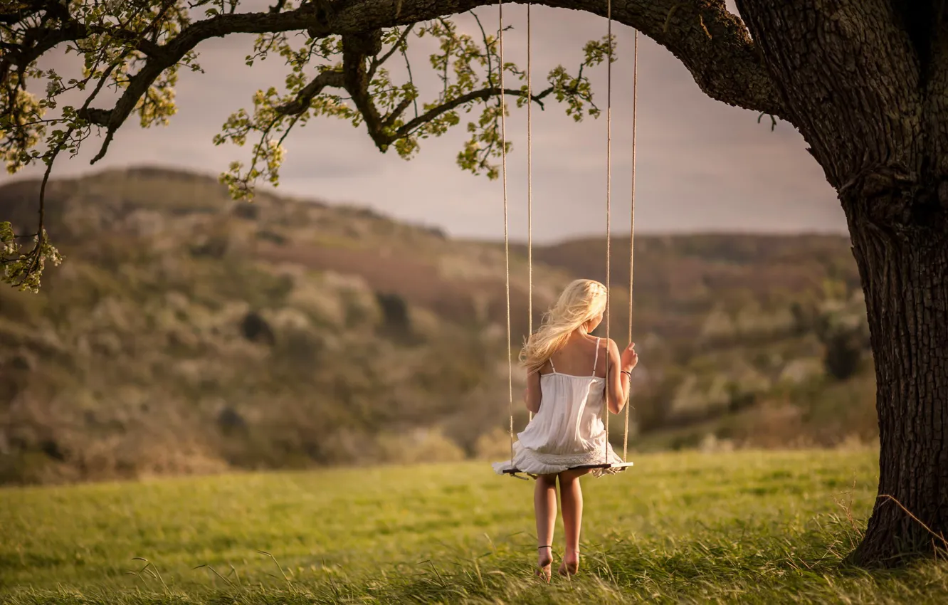 Photo wallpaper girl, nature, swing