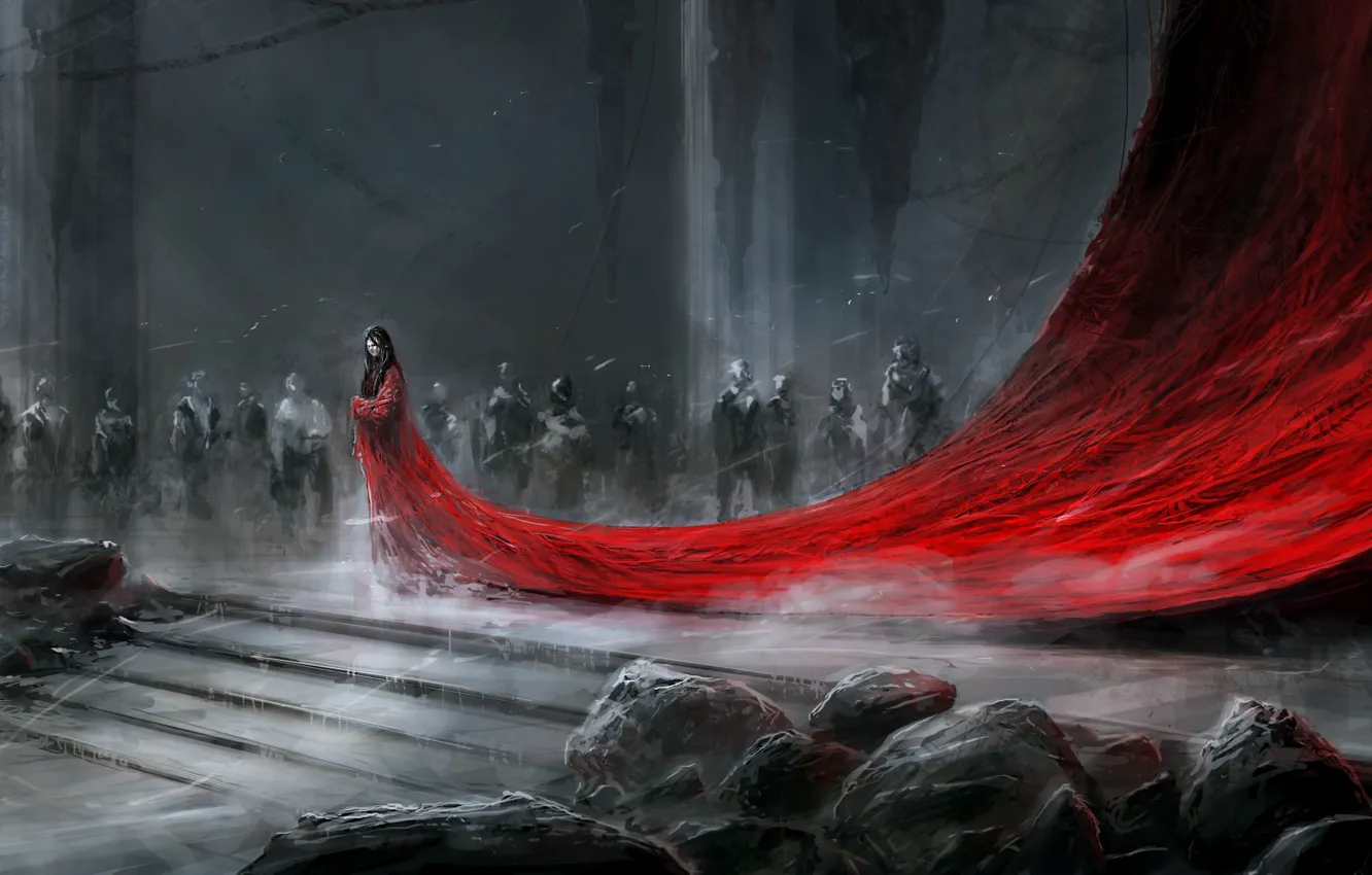 Photo wallpaper girl, stones, war, train, dress, art, stage