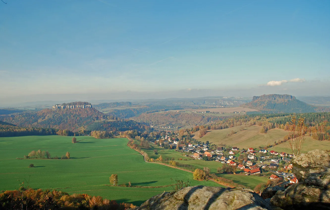 Photo wallpaper field, the sky, trees, mountains, the city, home, Germany, valley